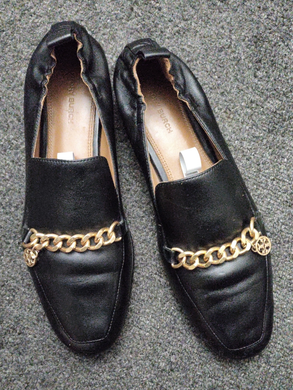 Tory Burch Black Leather Loafers with Gold Chain